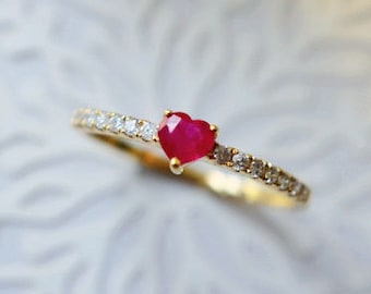 Ruby Heart Ring 14K Heart Shape Ruby Diamond Engagement Ring Heart Stone Valentine Promise Ring Red Stone Minimalist Anniversary Gift Ring