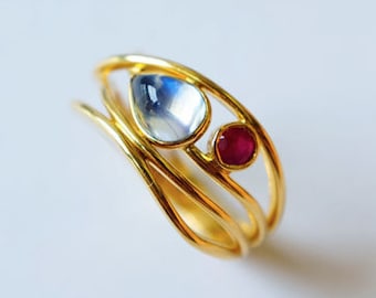 Rainbow Moonstone Ring 14K Yellow Gold Ruby Proposal Ring Moonstone Cabochon Multi Band Ring Unique Ruby Anniversary Ring Multi Stone Ring