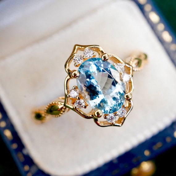 Art Deco Blue Topaz Engagement Ring Vintage Blue Topaz Wedding Etsy