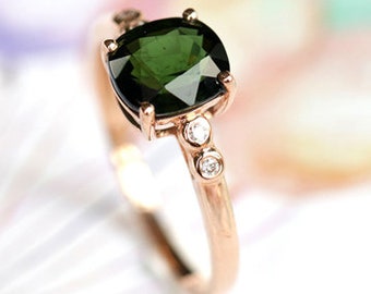 Green Tourmaline Solitaire Ring Cushion Shape Engagement Ring 14K Tourmaline Wedding Promise Ring Tourmaline Diamond Anniversary Gift Ring.