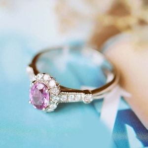 Valentine Gifted Pink Sapphire Wedding Ring 14K White Gold Edwardian Style Promise Ring Pink Sapphire Diamond Halo Engagement, Ceremony Ring