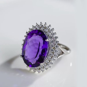7.50Ct African Amethyst Bold Cocktail Ring 925 Silver Oval Amethyst, Topaz Double Halo Anniversary Ring, Party Wear Amethyst Ceremony Ring.