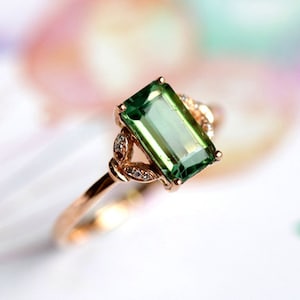 2.00 Carat Green Tourmaline Promise Ring 14K Gold Emerald Cut Tourmaline Ring Diamond Floral Leaf Engagement Ring Octagon Tourmaline Ring.