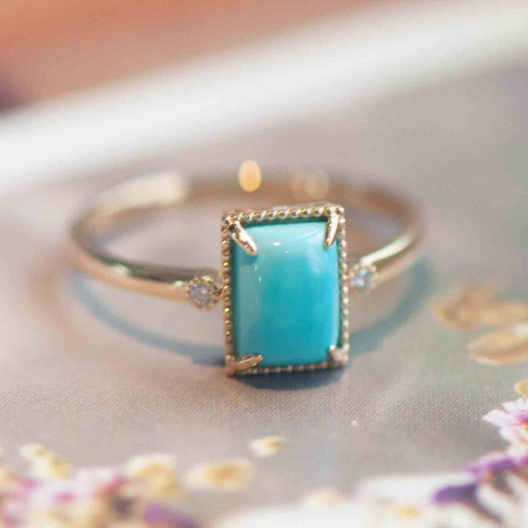 Edwardian Style Turquoise Promise Ring 14K Gold Turquoise Diamond ...