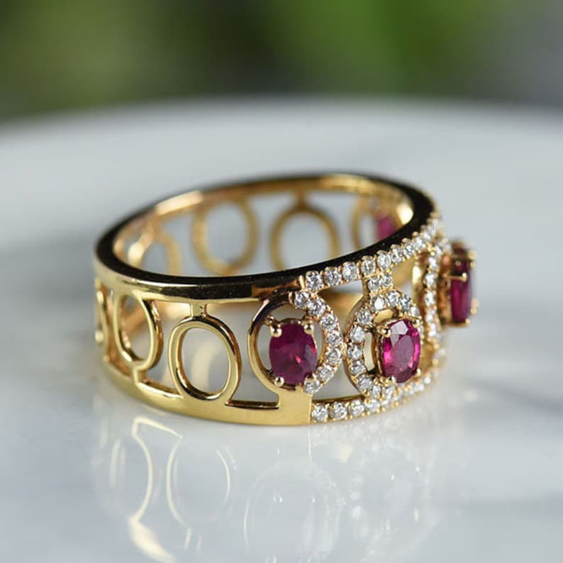Natural Ruby Diamond Bridal Wedding Band 14K Gold Ruby Diamond Halo Cluster Band Women Dainty Anniversary Gifted Band Mother's Gifted Band. image 2