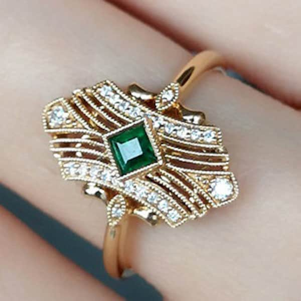 Aet Deco Emerald Engagement Ring Princess Cut Emerald Vintage Ceremony Ring Antique Style Emerald Diamond Bridal Wedding Gift 14K Gold Ring.