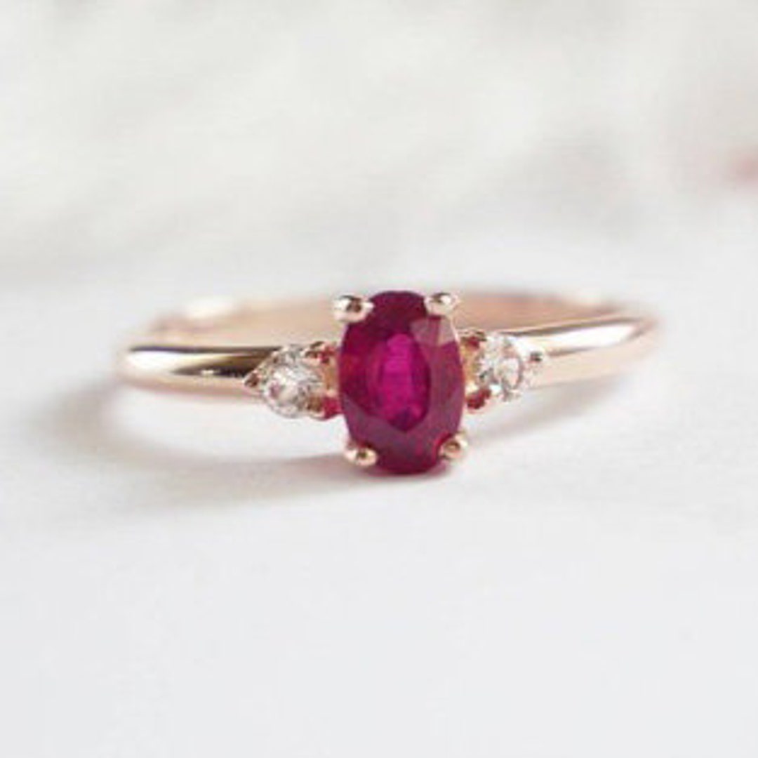 Natural Ruby Diamond Trilogy Engagement Ring 14K Gold Ruby Valentine ...