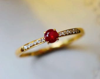 Natural Ruby Ring 14K Gold Minimalist Ruby Engagement Ring Round Ruby Diamond Eternity Promise Ring Red Stone Valentine Gift for her in 14K.