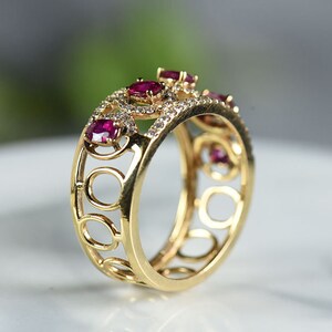 Natural Ruby Diamond Bridal Wedding Band 14K Gold Ruby Diamond Halo Cluster Band Women Dainty Anniversary Gifted Band Mother's Gifted Band. image 5