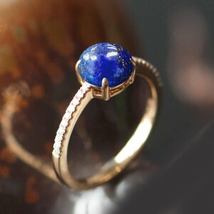 Lapis Lazuli Minimalist Cabochon Ring 14K Gold Round Lapis Classci, CZ Eternity Daughter Birthstone Gifted Ring, Women Dianty Lapis 14K Ring