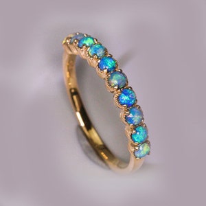 Blue Opal Cabochon Eternity Edwardian Style Band 14K Art Deco Opal Wedding Band Round Opal Claw Set Eternity Ring Women Gift Opal Band Ring.