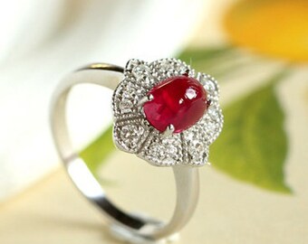 Bague rubis naturel 2,00 carats Ruby Cabochon vintage Halo Ring 925 Silver Ruby Engagement Ring Edwardian Halo Anniversaire Ring Ruby Valentine.