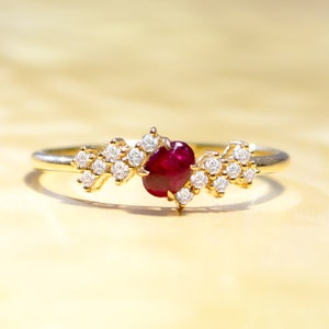 Unique Minimalist Ruby Cluster Engagement Ring 9K Gold Ruby Cabochon Engagement Ring Ruby Oval CZ Scattered Cluster Valentine Proposal Ring.