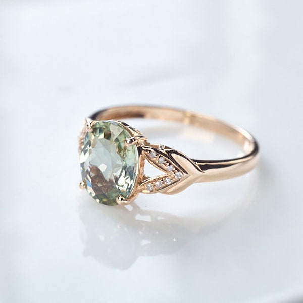 Anillo de compromiso de cóctel de amatista verde, anillo de bodas de piedra verde de 14 quilates, anillo de propuesta de regalo para mujer, anillo de propuesta de cóctel de amatista para Navidad.