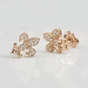Pendientes de oro de 14 quilates con diamantes y flor de lis para mujer, pendientes vintage con diamantes y flor de lis para ceremonia de boda, pendientes de oro de 14 quilates para regalo de San Valentín
