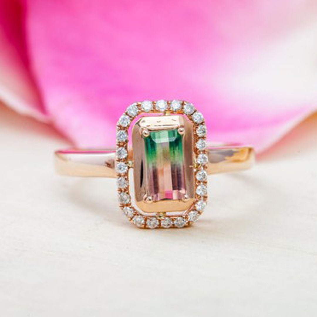 Watermelon Quartz Rings Watermelon Quartz Classic Promise Ring Emerald Cut Quartz Promise Ring ...