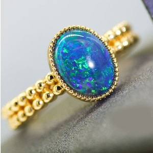 Blue Topaz Ring 14K Edwardian Style Opal Promise Ring Bubble Shank Blue Opal Anniversary Ring Vintage Style Opal Ring Women Dainty Gift Ring