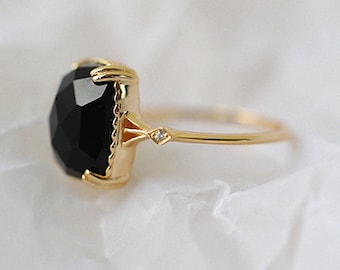 7.00 Carat Black Onyx Ring Vintage Cocktail Onyx Engagement Ring 14K Gold Edwardian Black Onyx Wedding Gift Cushion Checkerboard Silver Ring