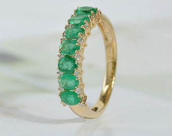 Natural Emerald Diamond Eternity Band 14K Yellow Gold Emerald Wedding Band Classic Prong Set Emerald Diamond Alternating Anniversary Gifted.