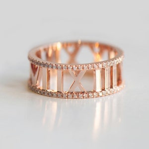 Roman Numeral Diamond Eternity Band 14K Rose Gold, Coordinates Ring ,Women Wedding Proposal Unique Diamond Eternity Wedding Gifted 14K Band