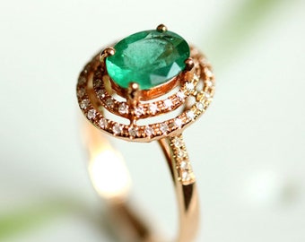 Anillo de esmeralda natural de 1,50 quilates, oro de 14 quilates, 0,25 diamantes, anillo de boda nupcial con halo, anillo de aniversario de esmeralda Art Deco, anillo clásico de esmeralda ovalada.
