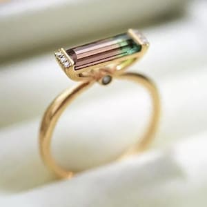 2.50Ct Bio-Tourmline, Diamond Unique Engagement Ring 14K Gold Elongated Watermelon Tourmaline Statement Ring, Tourmaline Baguette Gold Ring.