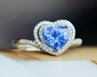 2,00Ct Tansanit Herz Einzigartige Braut Ehering 18K Doppel Diamant Halo Herz Verlobungsring Tansanit Herz Valentine Diamant Eternity.