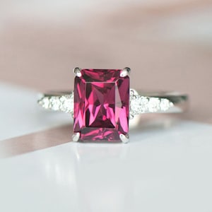 Classic Rhodolite Garnet Engagement Ring Emerald Cut Garnet Women Dainty Ring White Topaz Eternity Accent Ring Garnet Octagon Valentine Ring