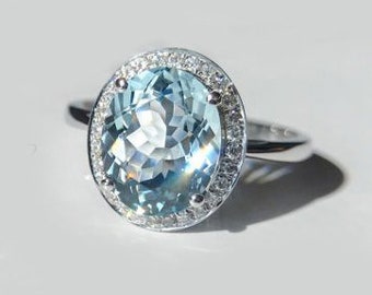 Anillo de boda nupcial con halo de diamantes y aguamarina de 4,15 quilates, anillo de compromiso clásico y llamativo con aguamarina, anillo de aguamarina para mujer ideal para propuesta de matrimonio en San Valentín.