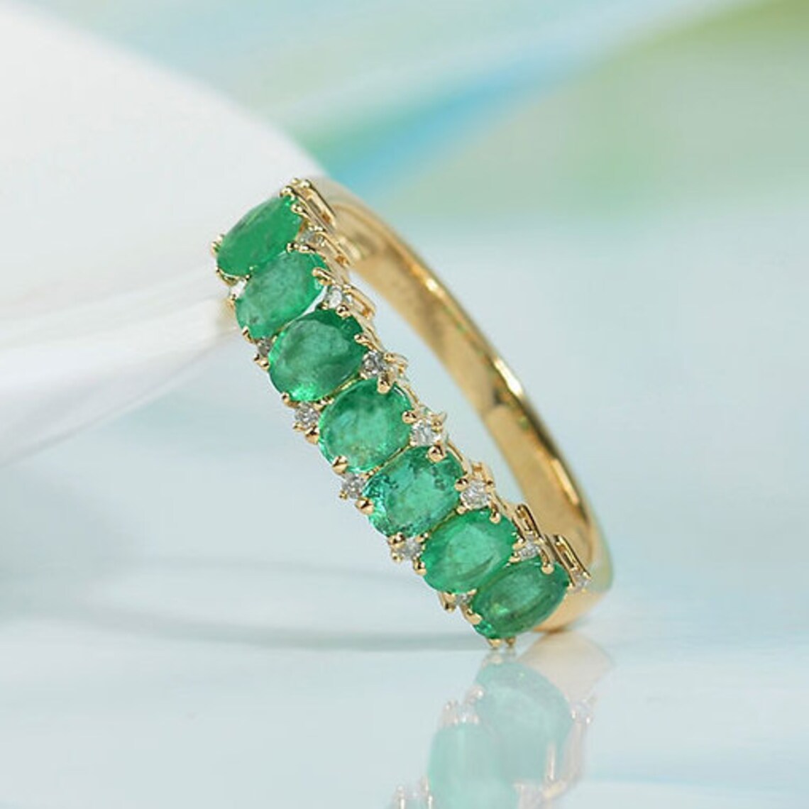 Natural Emerald Diamond Eternity Band 14K Yellow Gold Emerald Wedding ...