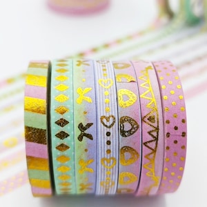 Slanke goudkleurige verijdelde washi-tapeset - oudroze washitapes - magere pastelkleurige verijdelde washitapes - dunne washi-tapeset - limoencrème washitape