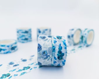 Blue Roses Washi Tape Set for home decor, Bujo, Diary, Scrapbook - Decorative Tape for wedding invitations  - Bullet Journal Flower Tape