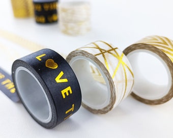 Gold Foiled Washi Tape Set - Black Washi Tape - Love Washi Tape - Gold Foiled Arrows Wasgi Tape - White Gold Foiled Stripes Washi Tape
