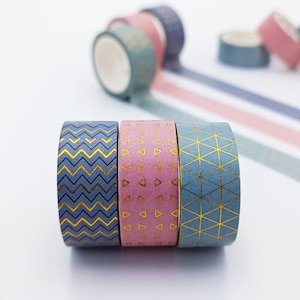 Set de Washi Tape de 1,5 cm de grosor x 5 m - Washi Tape rosa empolvado - Washi Tape azul dorado - Washi Tape geométrico verde menta