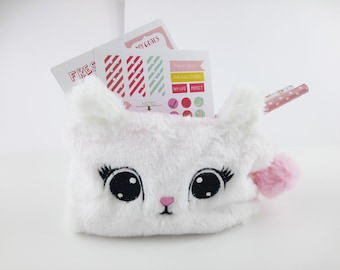 Fluffy Cat Pencil Case - Fluffy Make up Case - Cat Pouch - Cosmetic Bag - Flux Fur Pencil Case - Cute White Cat Pouch