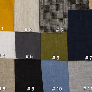 May include: Eleven fabric swatches in various colors and patterns, including yellow, beige, gray, green, blue, and black. The swatches are numbered 1 through 11.