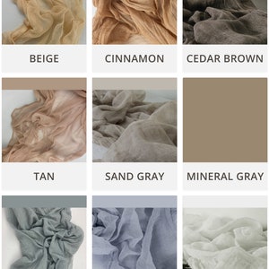 May include: Nine fabric swatches in various shades of beige, brown, gray, and blue. The swatches are arranged in a 3x3 grid. Each swatch has a label underneath it with the color name.