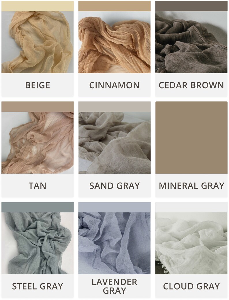 May include: Nine fabric swatches in various shades of beige, brown, gray, and blue. The swatches are arranged in a 3x3 grid. Each swatch has a label underneath it with the color name.