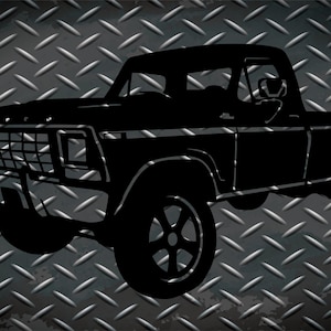 May include: Black silhouette of a classic pickup truck with large wheels, set against a diamond plate background. The truck features a detailed front grille, side mirrors, and a truck bed. The image is a bold, graphic representation.