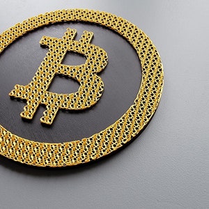 May include: A gold-colored Bitcoin symbol on a black background. The symbol is made of small, interconnected circles.
