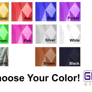 May include: A chart showing 11 different color options for a product. The colors are: gold, red, blue, purple, green, pink, silver, white, marble, brown, and black. The text "Choose Your Color!" is at the bottom of the chart.