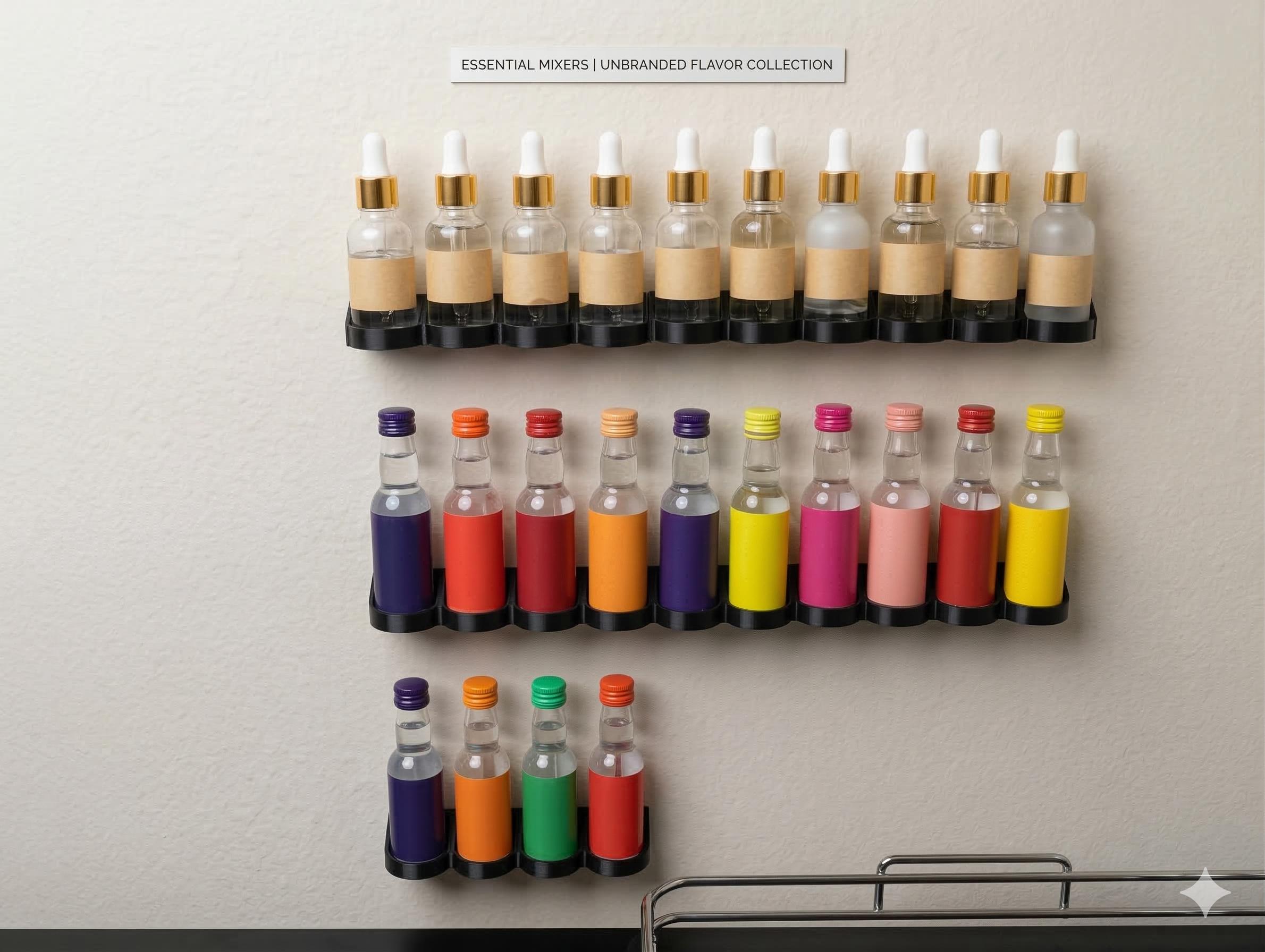 Soda Flavor Bottle And Dropper Wall Rack - Any Color, Multiple sizes!