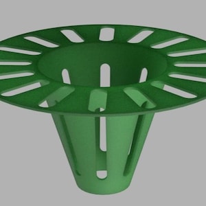 May include: A green plastic plant pot with a wide, slotted top and a conical base. The top has a diameter of approximately 6 inches. The pot is designed to allow for drainage and aeration of the soil.