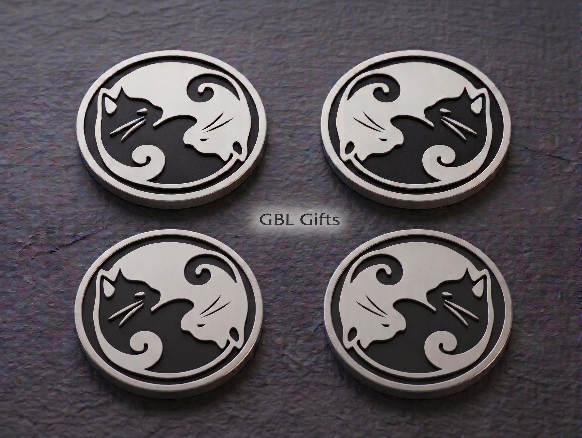4 PACK -Cat Ying Yang Coasters - Set of 4 | Best Housewarming Gift for Kitty Cats Lover