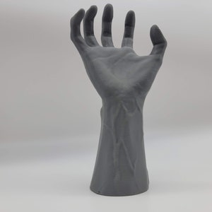 May include: A 3D printed gray hand sculpture with detailed anatomical features, including veins and tendons. The hand is raised with fingers extended and slightly curled.