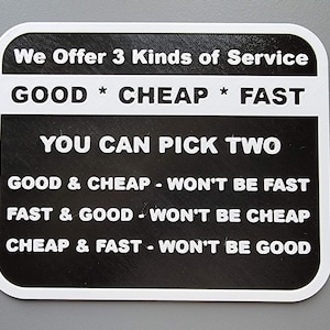 Good Cheap or Fast Sign | Funny Shop Signs | Business Owner Gifts | Gift for Service Businesses | Office Gag Gift Signs | Black and White