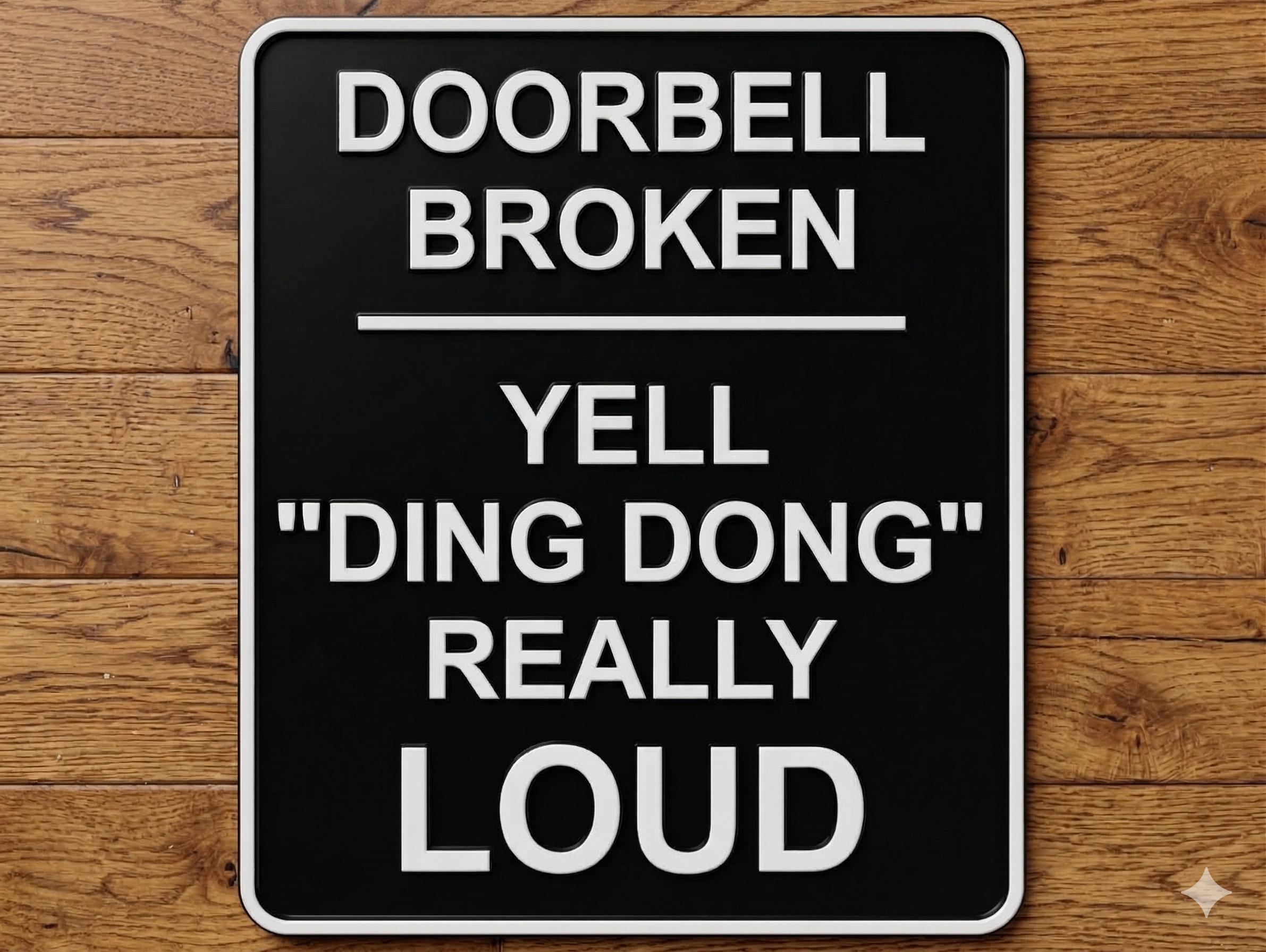 Door Bell Broken Yell "Ding Dong" Really Loud Funny Front Door Sign!