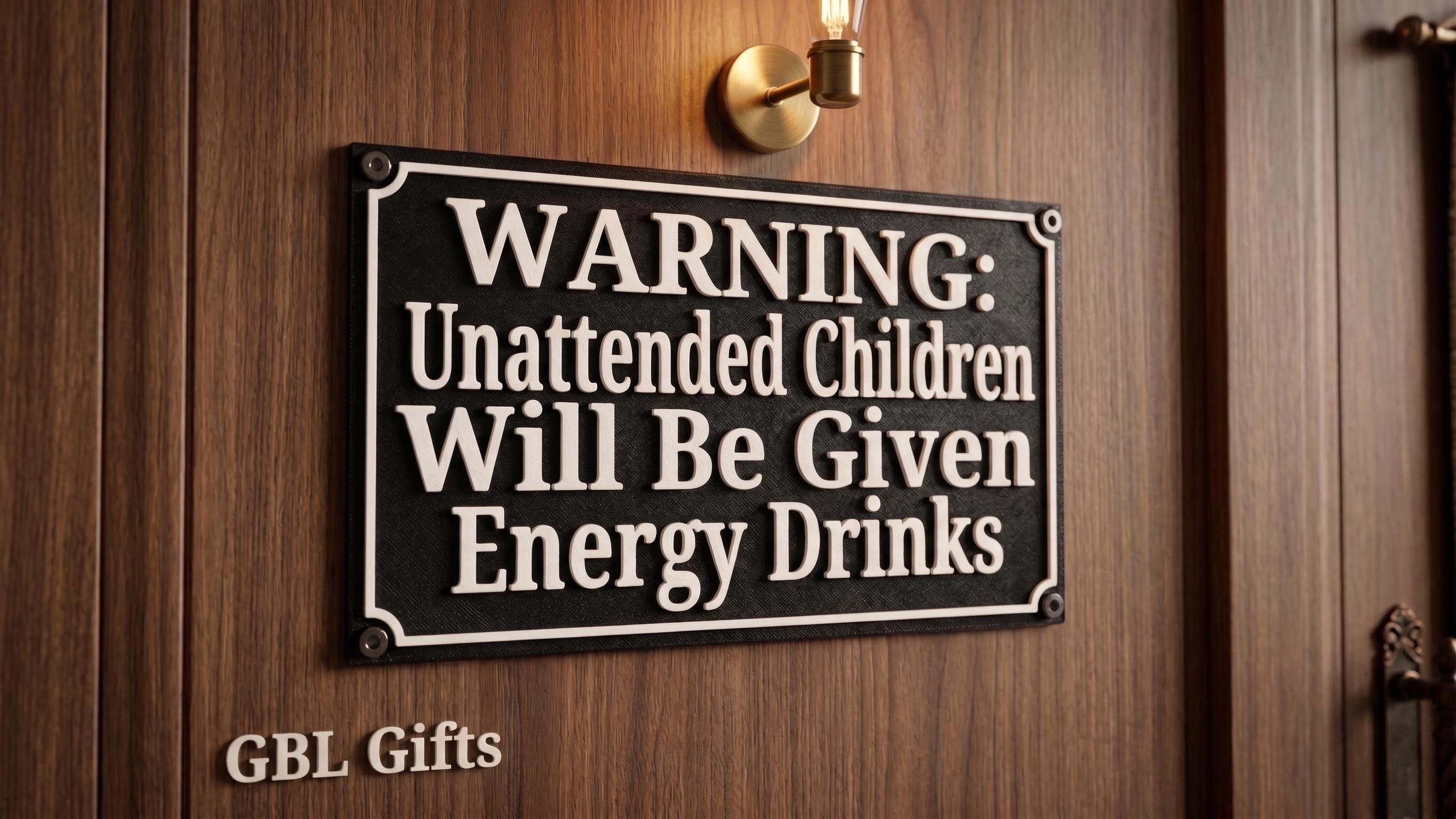 Unattended Children Will Be Given Energy Drinks ANY COLORS! Funny Warning Sign