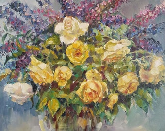 Oil painting Painting still life Floral painting Daffodils vase Painting canvas stretcher White flowers Striped tablecloth Author/'s work
