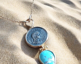 14k Gold Plated Sterling Silver Turquoise Pendant Necklace: Handmade Turkish Jewelry